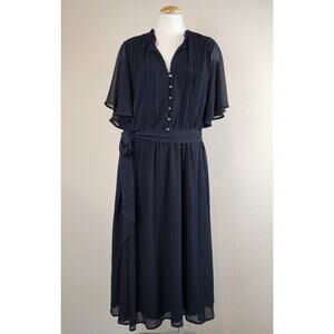 Torrid Chiffon Ruffle Pintuck Deep Black Midi Flowing Dress w/ Belt 3X 22-24 NWT